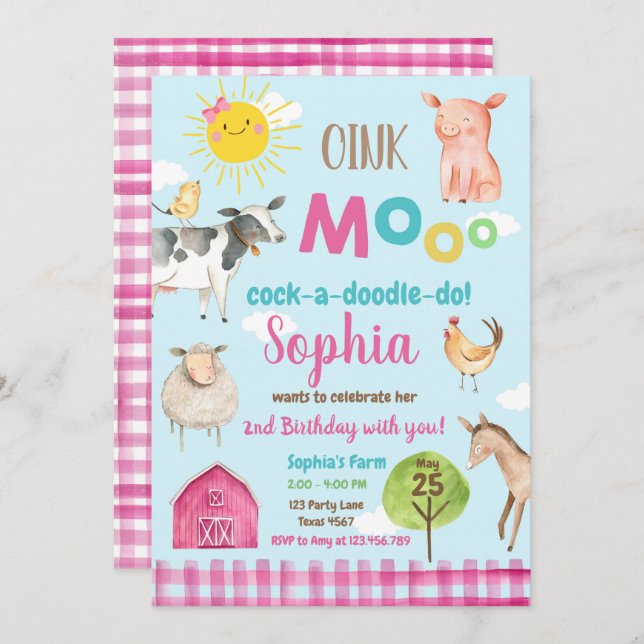 Farm Old MacDonald Barnyard Pink Animals Party Einladung (Vorne/Hinten)