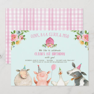 Farm Old MacDonald Barnyard Pink Animals Party Einladung