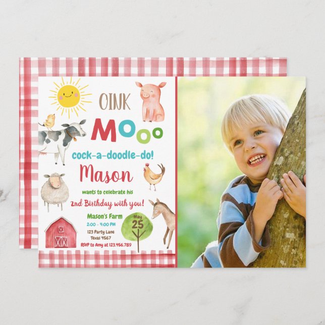 Farm Old MacDonald Barnyard Red Animals Party Einladung (Vorne/Hinten)