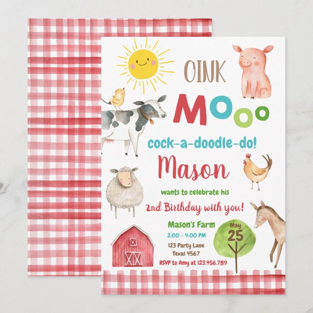 Farm Old MacDonald Barnyard Red Animals Party Einladung (Vorne/Hinten)