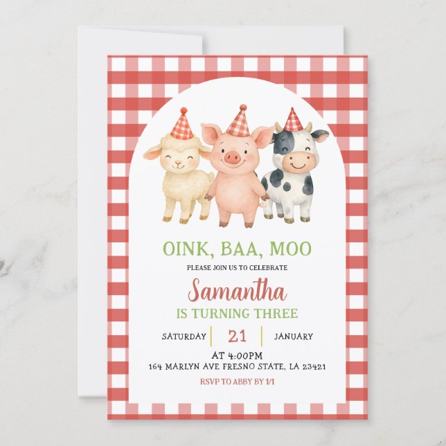 Farm Party Gingham Birthday Invitation Einladung (Vorderseite)