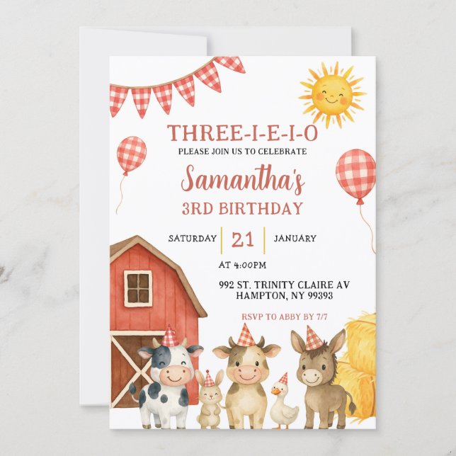 Farm Party Three-i-e-i-o Birthday Invitation Einladung (Vorderseite)
