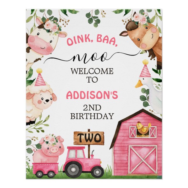 Farm Pink Barn Traktor Geburtstag Willkommen Poster (Vorderseite)