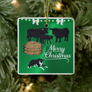 Farm Ranch Black Angus Rind und Hund Weihnachten Keramikornament