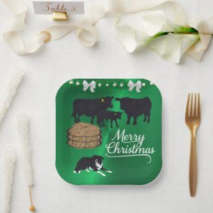 Farm Ranch Black Angus Rind und Hund Weihnachten Pappteller