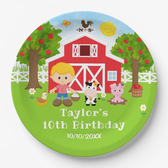 Farm Red Barde Blonde Hair Boy Birthday Party Pappteller (Vorderseite)