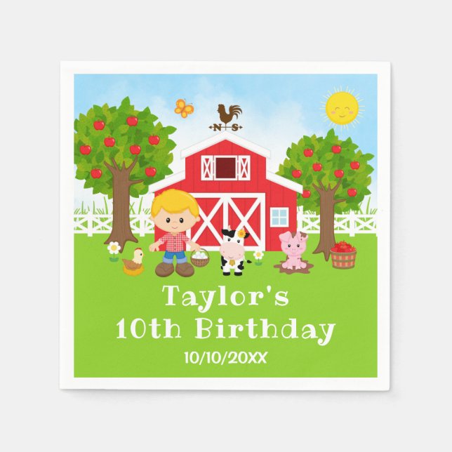 Farm Red Barde Blonde Hair Boy Birthday Party Serviette (Vorderseite)