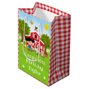 Farm Red Barn Black Hair Girl Happy Birthday Mittlere Geschenktüte