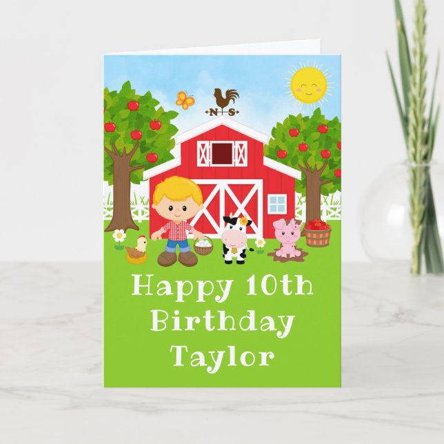 Farm Red Barn Blonde Hair Boy Happy Birthday Karte (Vorderseite)
