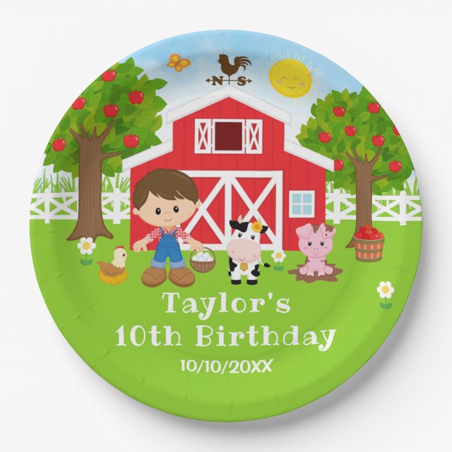 Farm Red Barn Brown Hair Boy Geburtstagspartei Pappteller (Vorderseite)