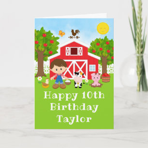 Farm Red Barn Brown Hair Boy Happy Birthday Karte
