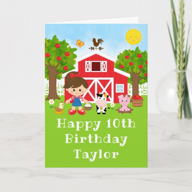 Farm Red Barn Brown Hair Girl Happy Birthday Karte (Vorderseite)