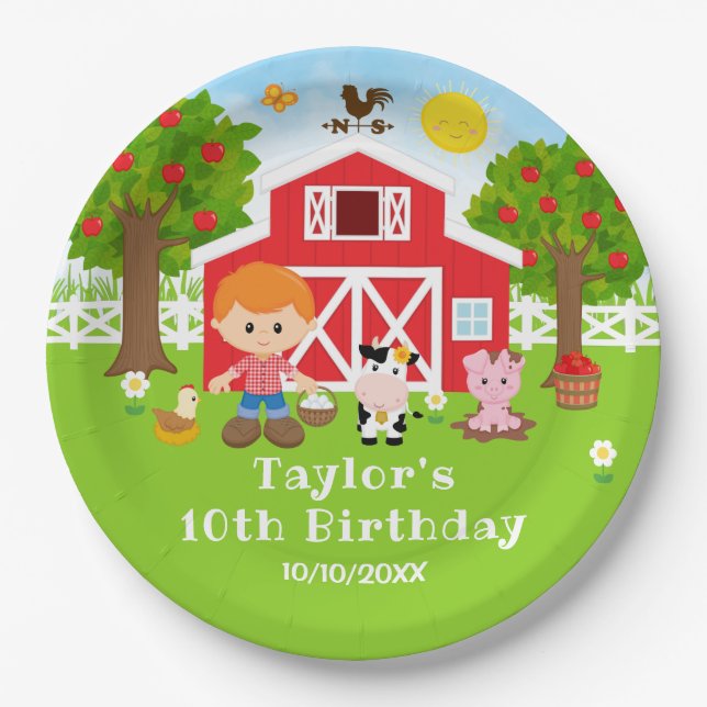 Farm Red Barn Red Hair Boy Birthday Party Pappteller (Vorderseite)