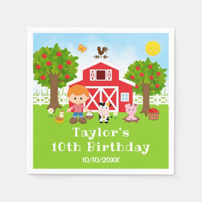 Farm Red Barn Red Hair Boy Birthday Party Serviette (Vorderseite)