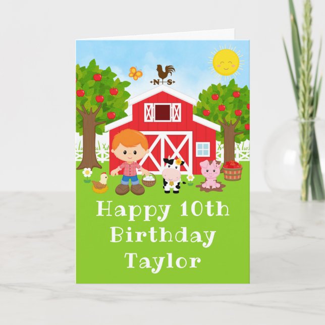 Farm Red Barn Red Hair Boy Happy Birthday Karte (Vorderseite)