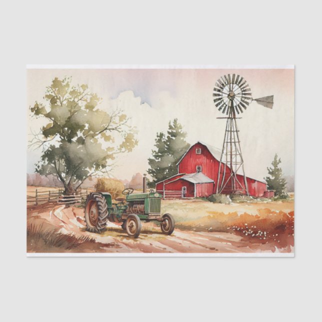 Farm Red Barn Traktor Landschaft Seidenpapier (Vorderseite)