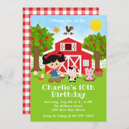 Farm Red Barnyard Birthday Black Hair Girl Einladung