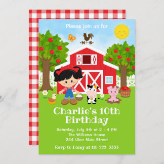 Farm Red Barnyard Birthday Black Hair Girl Einladung