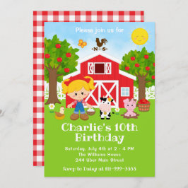 Farm Red Barnyard Birthday Blonde Hair Girl Einladung