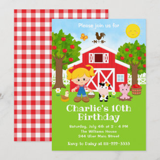 Farm Red Barnyard Birthday Blonde Hair Girl Einladung