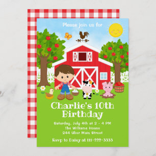 Farm Red Barnyard Birthday Brown Hair Boy Einladung