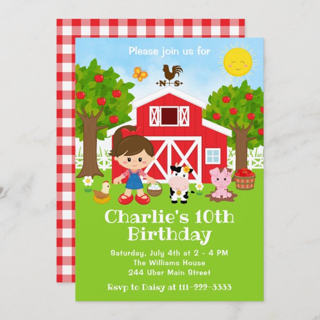 Farm Red Barnyard Birthday Brown Hair Girl Einladung (Vorne/Hinten)