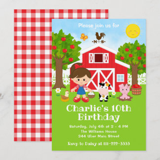 Farm Red Barnyard Birthday Brown Hair Girl Einladung