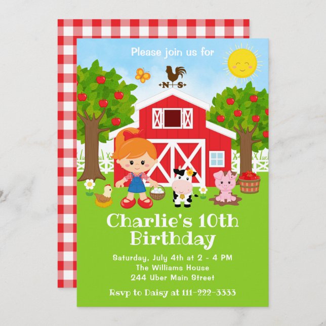Farm Red Barnyard Birthday Red Hair Girl Einladung (Vorne/Hinten)