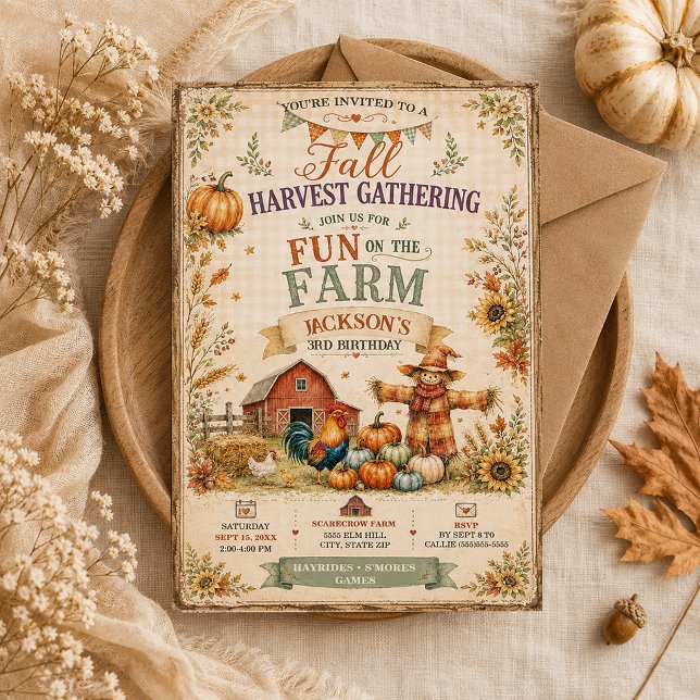Farm Scheune Vogelscheuche Herbst Herbst 3. Geburt Einladung (Down on the Farm 3rd birthday party invitation)