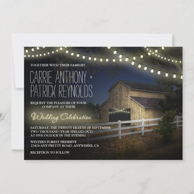 Farm String Lights Rustic Barn Wedding Einladungen (Vorderseite)