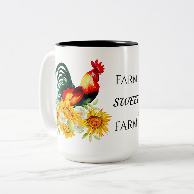 Farm Sweet Farm Floral Rooster Zweifarbige Tasse (Vorderseite Links)