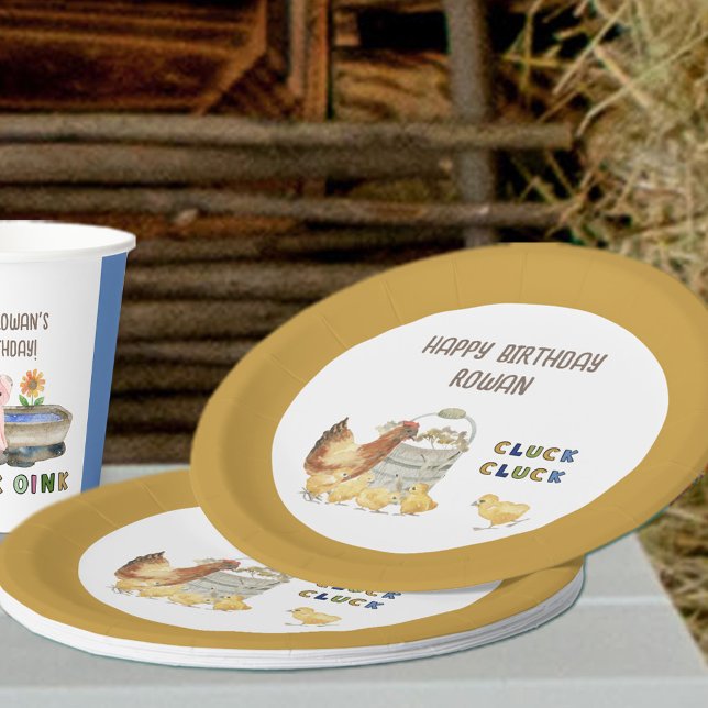 Farm Thema Cluck Cluck Chicken Kindergeburtstag Pa Pappteller (Farm themed birthday party plates with personalized wording)