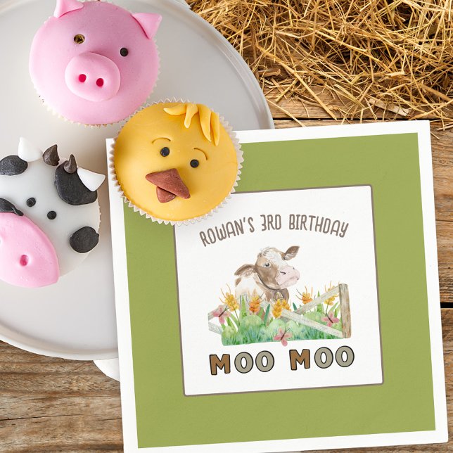Farm Thema Kuh Moo Moo Kindergeburtstag Party Serviette (Farm themed birthday party napkins with personalized wording)