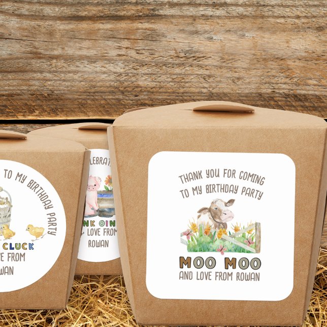 Farm Theme Danke für den Coming Cow Moo Moo Quadratischer Aufkleber (Farm theme birthday party stickers inspired by old macdonald nursery rhyme)