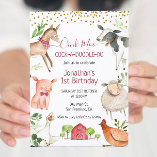 Farm Tier Oink Moo Cockadoodle Doo Geburtstag Einladung