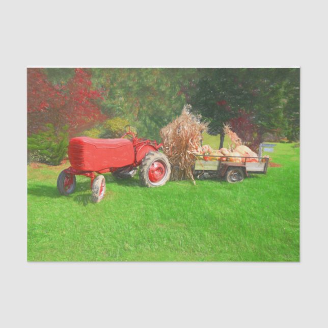 Farm Traktor Red Green Country Autumn Pumpkins Seidenpapier (Vorderseite)