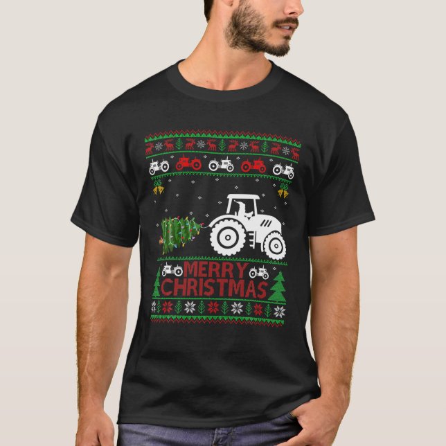 Farm Traktor Weihnachten Bäume Lichter Santa Bauer T-Shirt (Vorderseite)