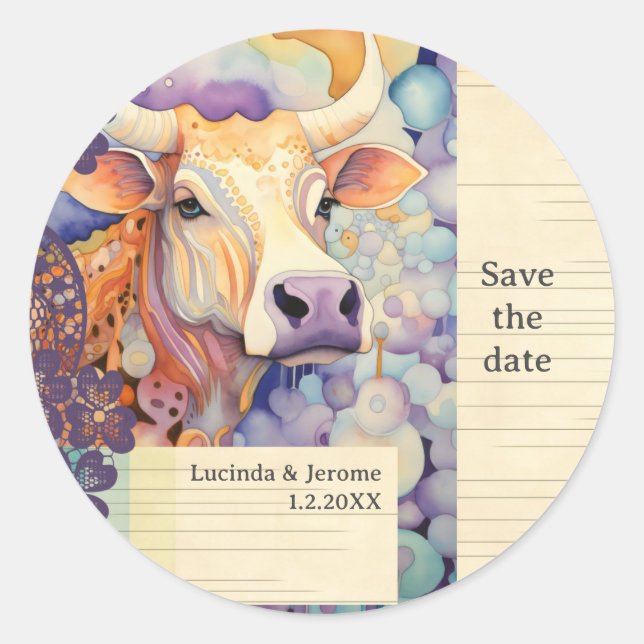 Farm Wedding ox Kuh Save the Date Runder Aufkleber (Vorderseite)