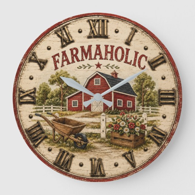 Farmaholic Rustic Red Barn  Große Wanduhr (Vorderseite)