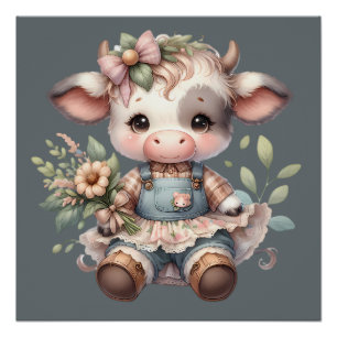 Farmcore Kawaii Kalb im Vintage-Blumenkleid Poster