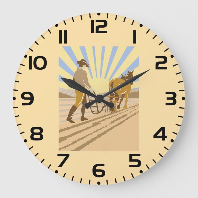 Farmer and Horse Plowing Field Retro Sunrise Große Wanduhr (Vorderseite)