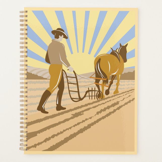 Farmer and Horse Plowing Field Retro Sunrise Planer (Vorderseite)