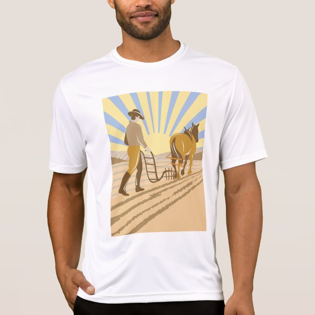 Farmer and Horse Plowing Field Retro Sunrise T-Shirt (Vorderseite)