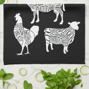 Farmer Butcher Meat Cuts Tea Towel   Vintage Rindf Geschirrtuch