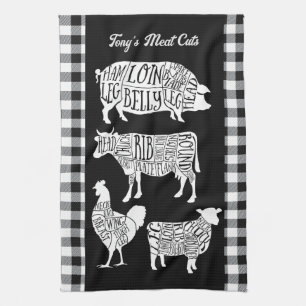 Farmer Butcher Meat Cuts Tea Towel   Vintage Rindf Geschirrtuch