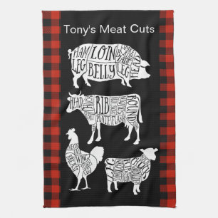 Farmer Butcher Meat Cuts Tea Towel   Vintage Rindf Geschirrtuch