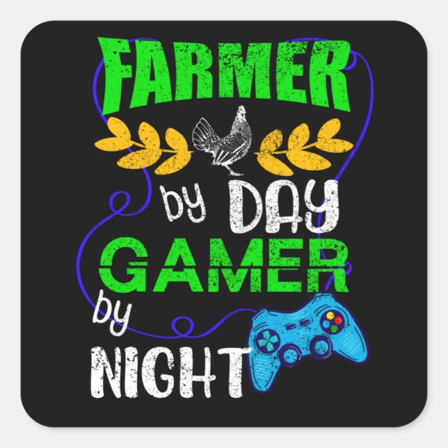Farmer by Day Gamer by Night Quadratischer Aufkleber (Vorderseite)