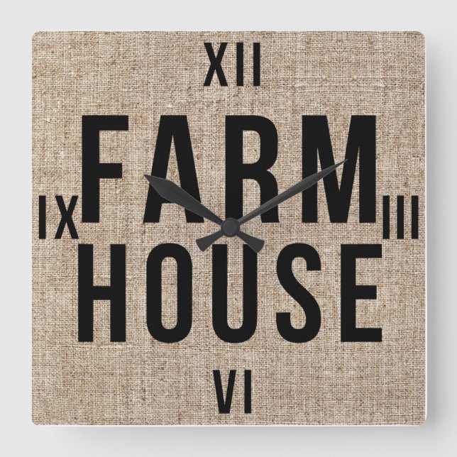 FARMHOUSE Black Letting Rustic Burlap Sacking Quadratische Wanduhr (Vorderseite)