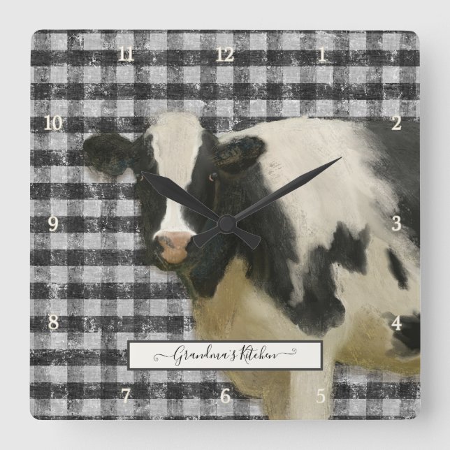 Farmhouse Cow Black n White Gingham Rustic Kitchen Quadratische Wanduhr (Vorderseite)