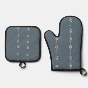 Farmhouse Küchen Blau Botanisch  Ofenhandschuh & Topflappen-Set